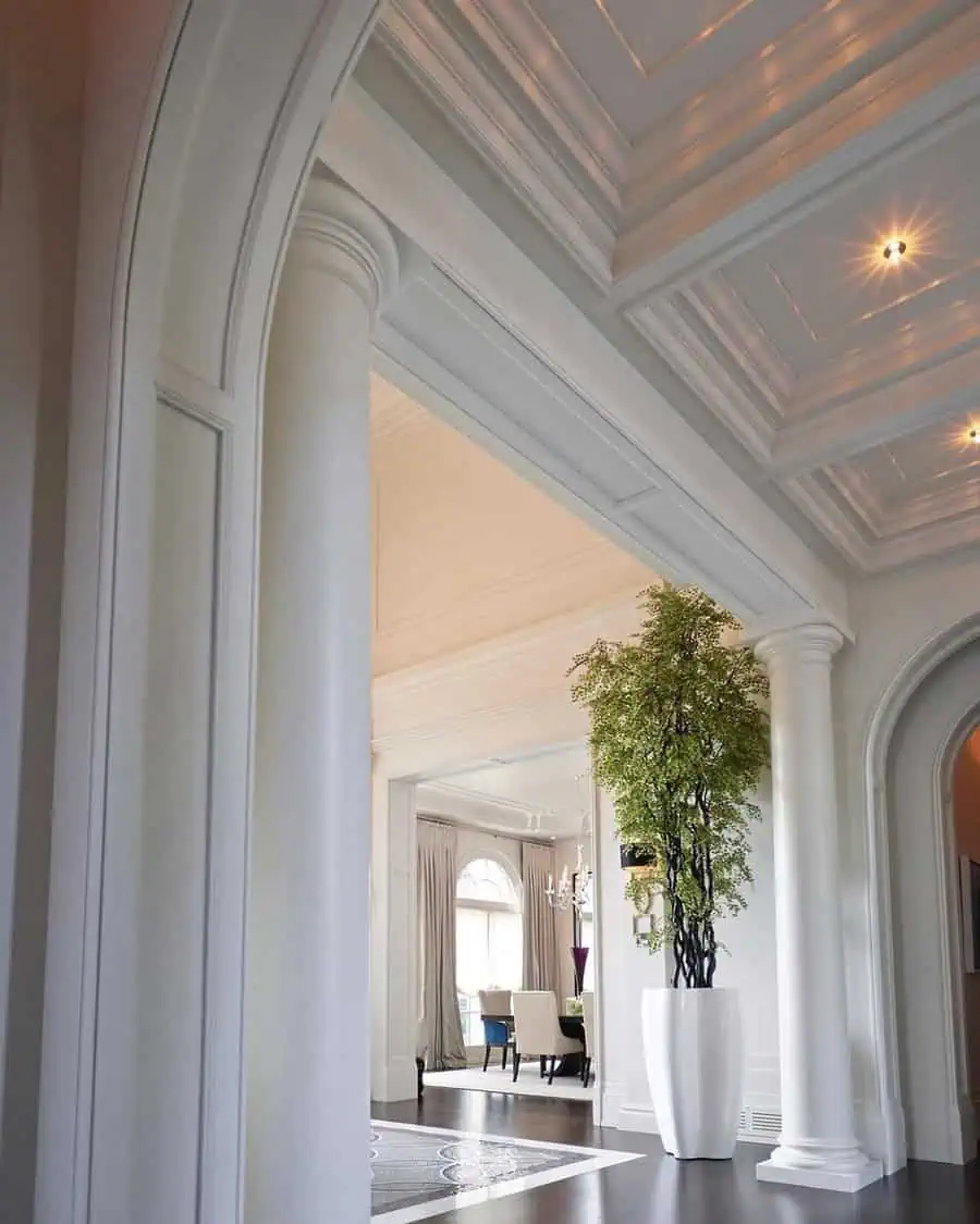 Grand entryway with a modern coffered ceiling, elegant columns, and a tall decorative plant.