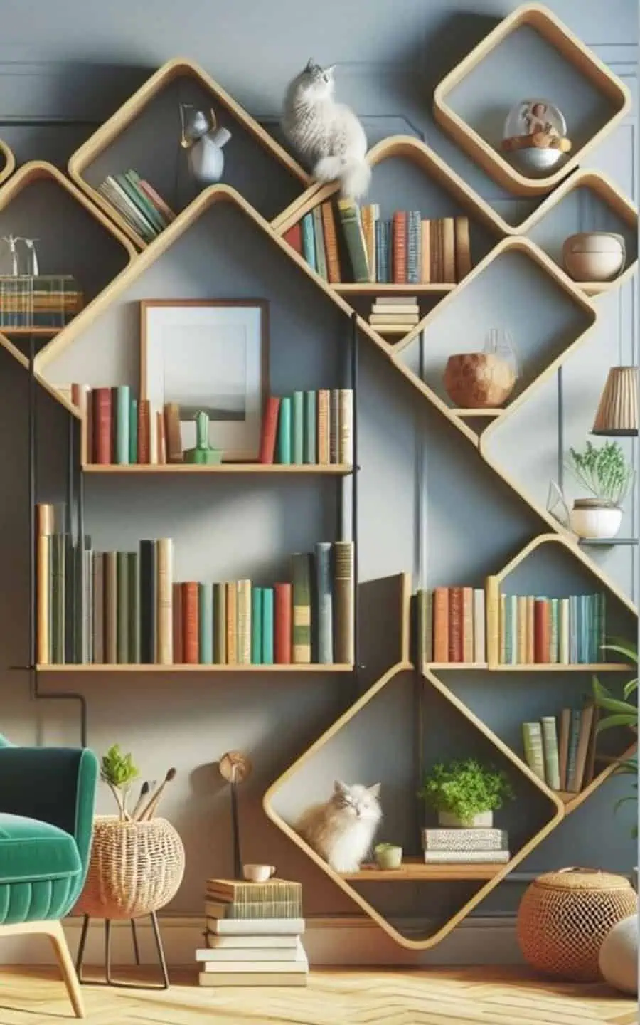 Home library with geometric wall-mounted bookshelves, cozy seating, and decorative accents.