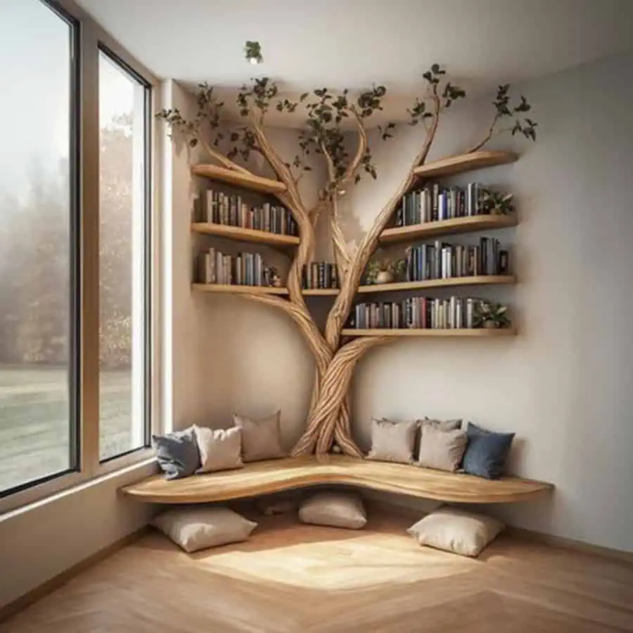 Home library with tree-shaped bookshelves, built-in seating, and a creative shelving design.