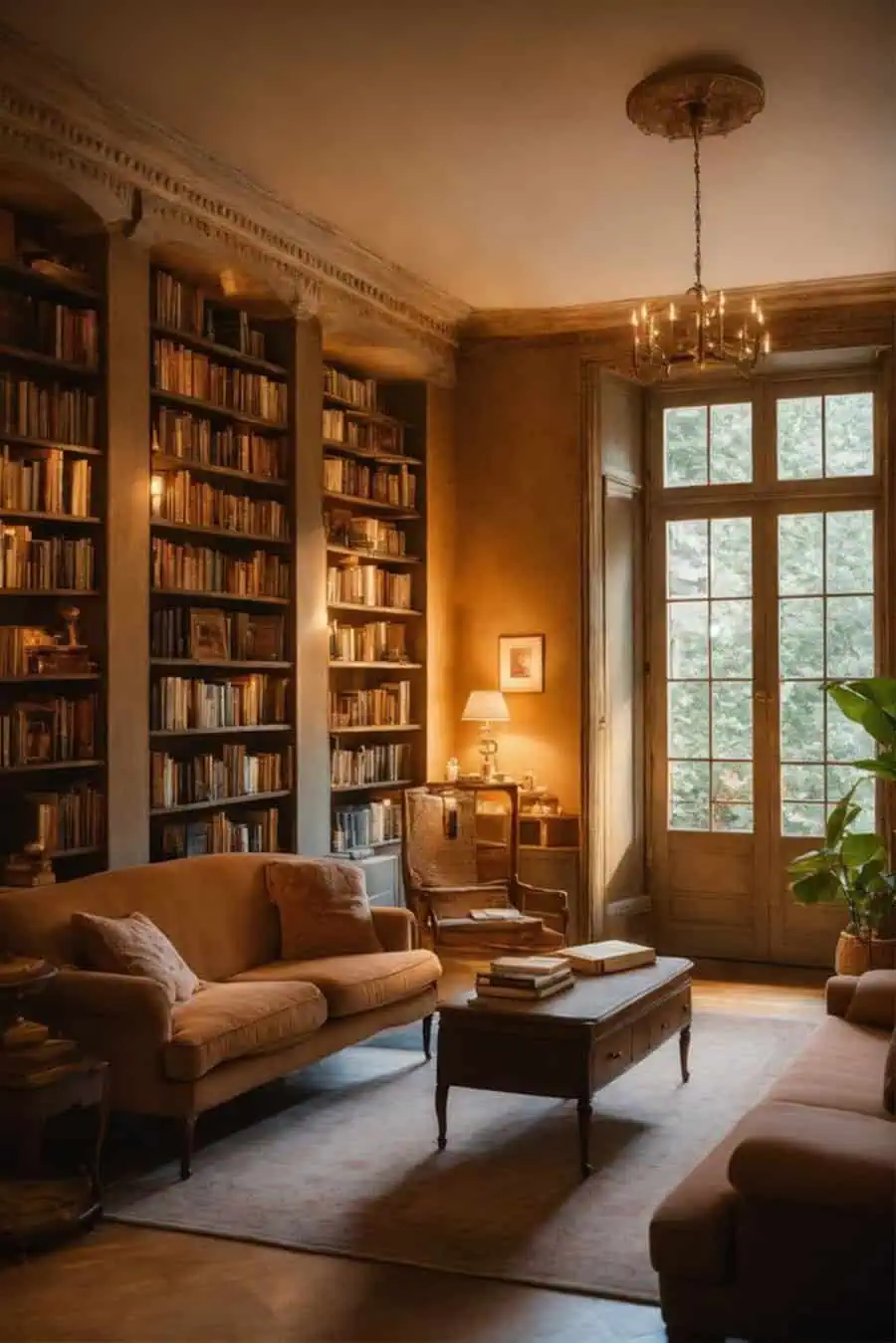 Home library with warm lighting, tall bookshelves, and elegant vintage furniture.