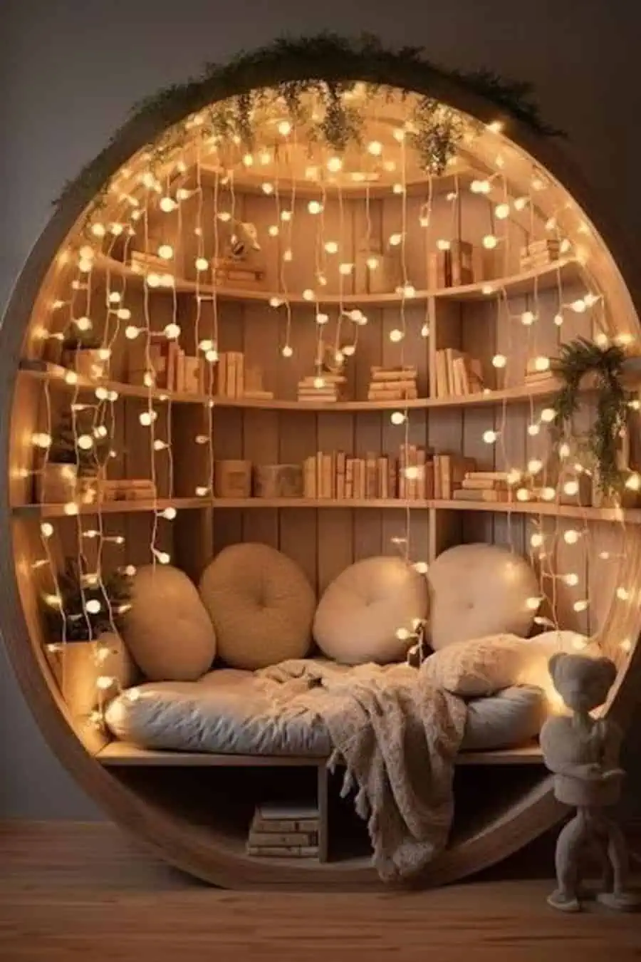 Home library with warm lighting, circular bookshelf nook, and cozy seating.