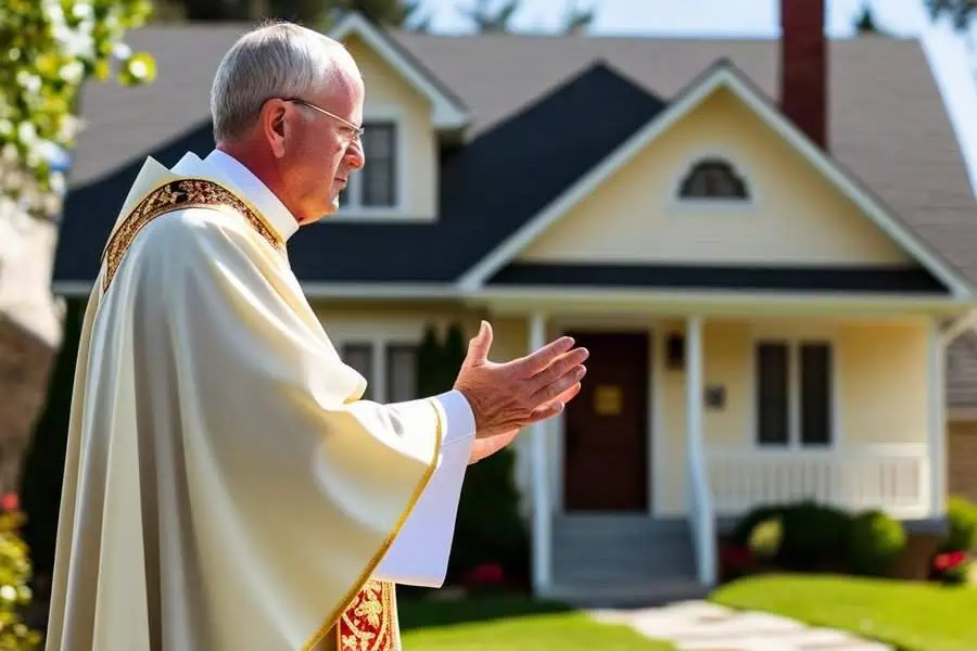 Priest blessing a new home during a housewarming ceremony in a peaceful outdoor setting.