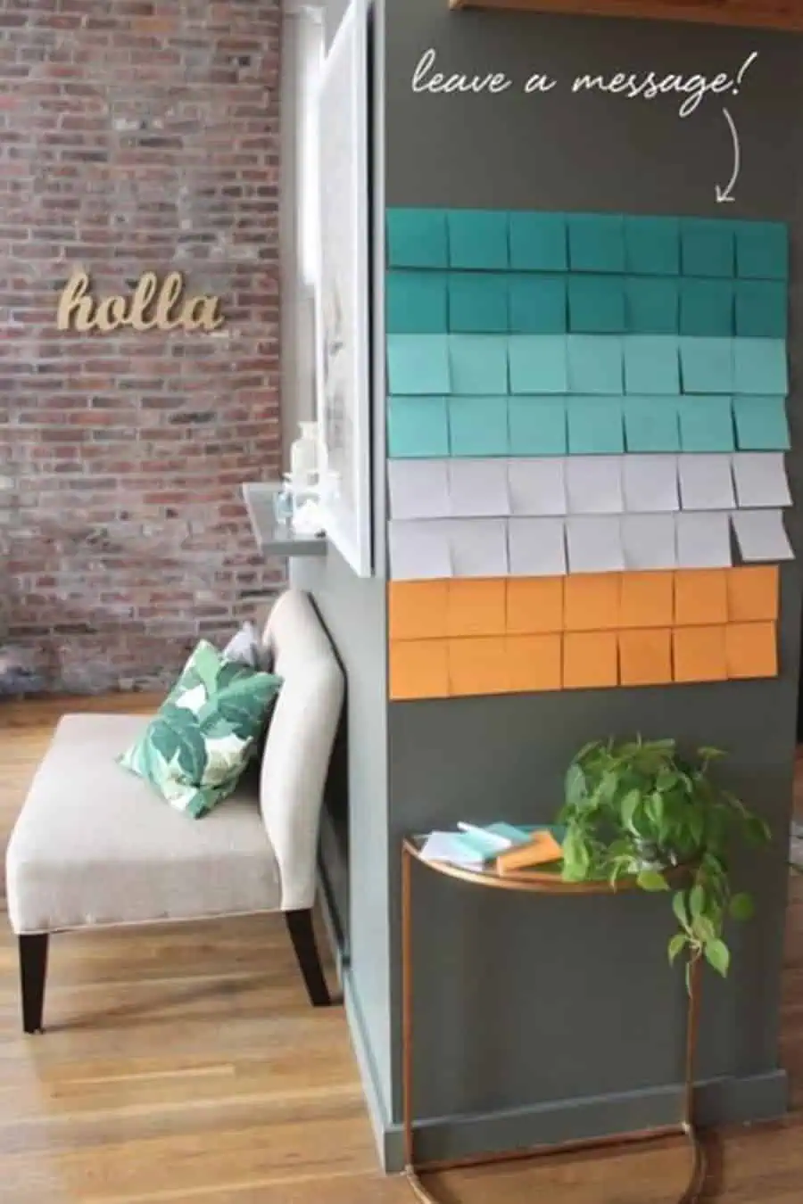 Housewarming party idea with a colorful message wall for guests to leave notes and well wishes.