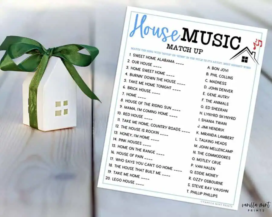 Housewarming party game featuring a music-themed match-up activity with a decorative house gift.