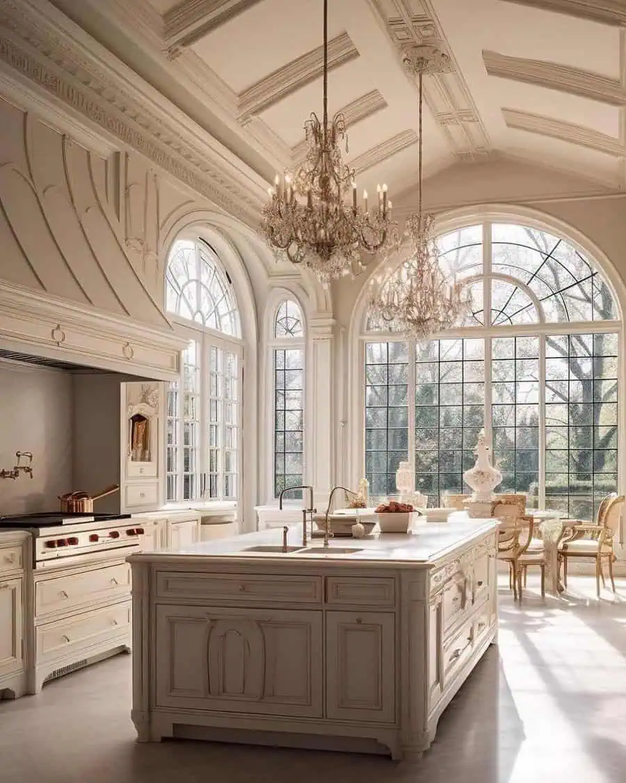 Luxurious open kitchen with high ceilings, chandeliers, large arched windows, and classic cabinetry.