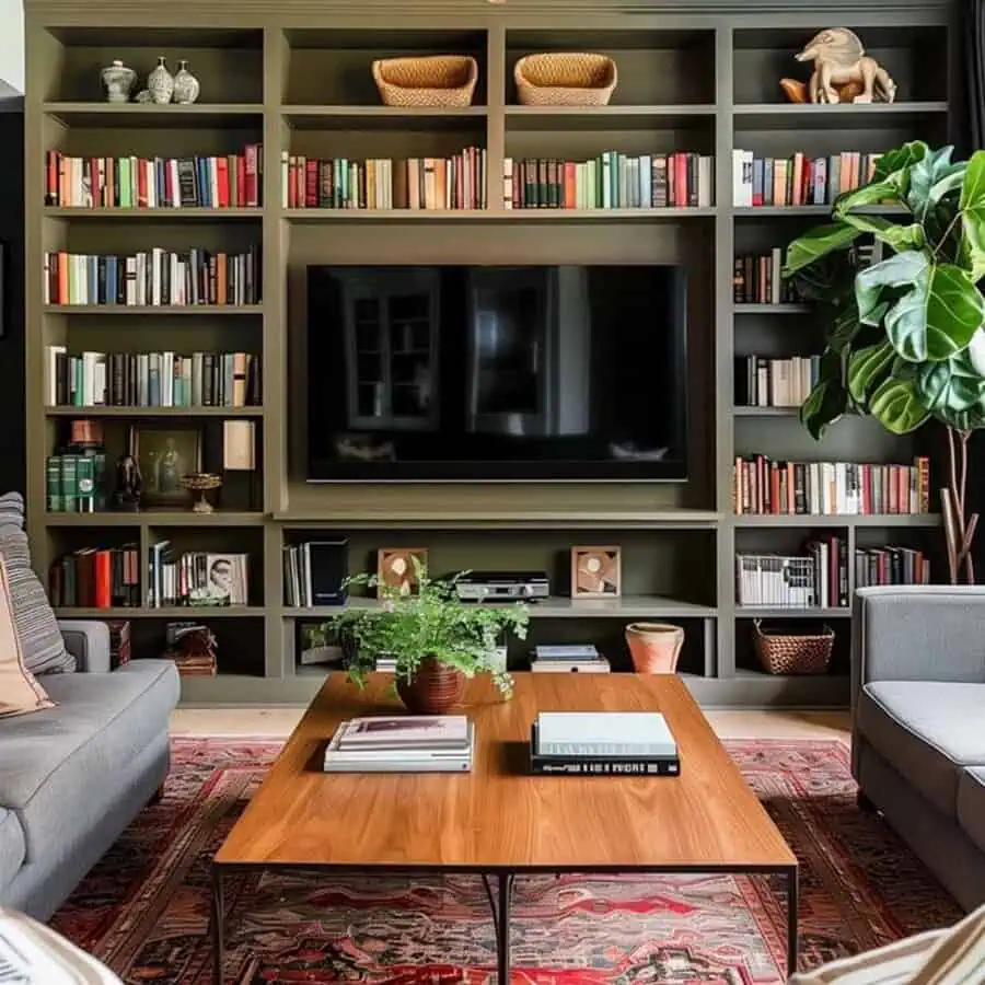 Modern living room with built-in wall-to-wall bookshelves, a TV center, and cozy seating.