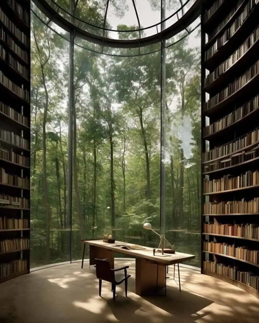 Loft home library with floor-to-ceiling bookshelves, cozy seating, and a panoramic view.