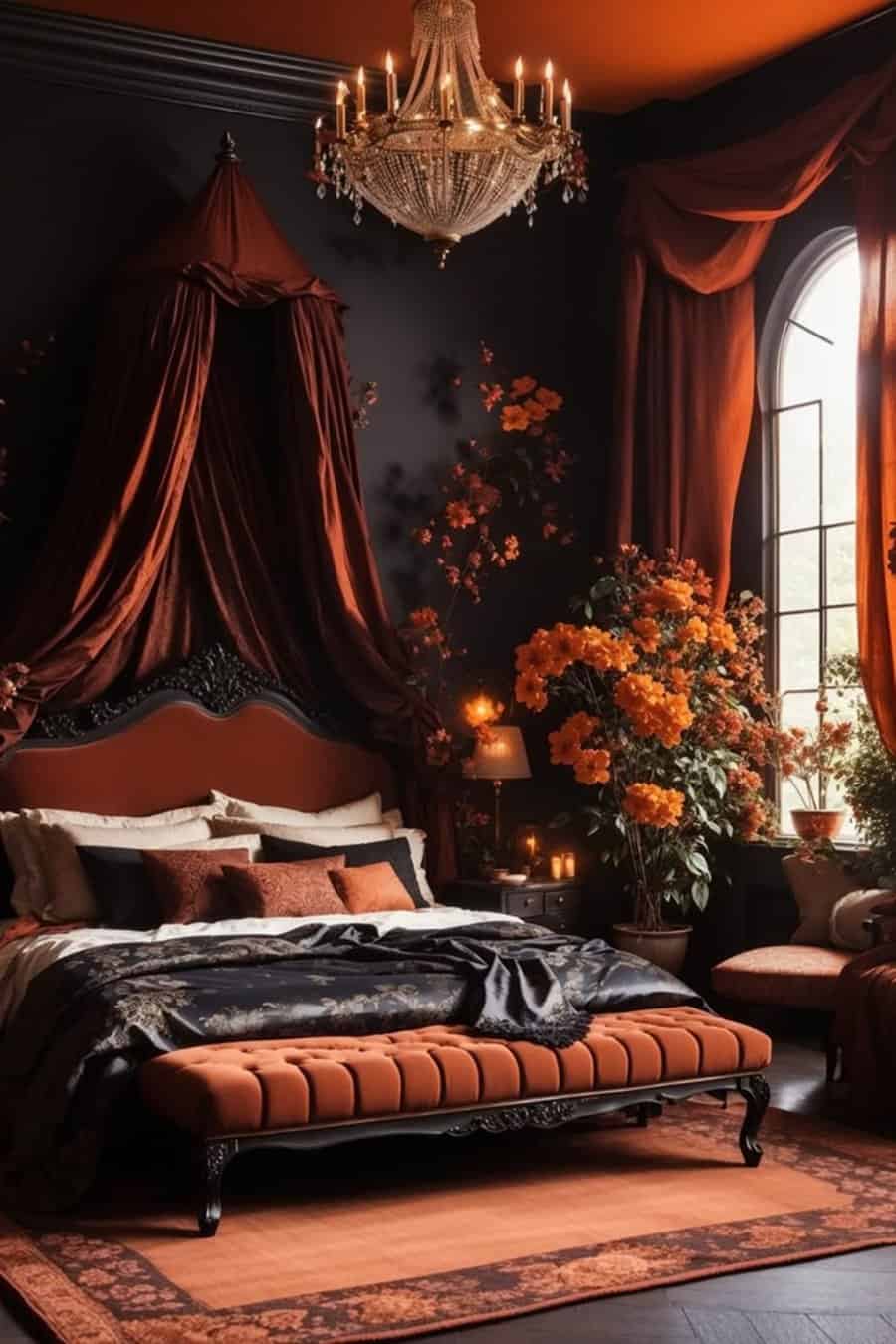 Luxurious bedroom with black walls, burnt orange accents, a canopy bed, and a crystal chandelier.