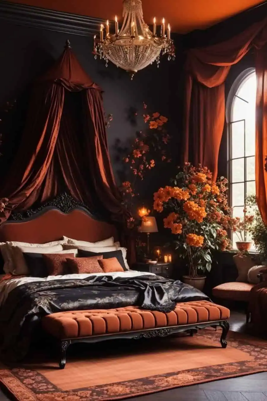 Luxurious bedroom with black walls, burnt orange accents, a canopy bed, and a crystal chandelier.