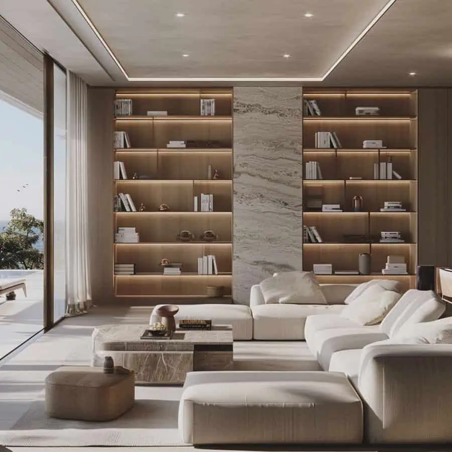 Luxury living room with built-in illuminated bookshelves, a marble accent wall, and modern decor.