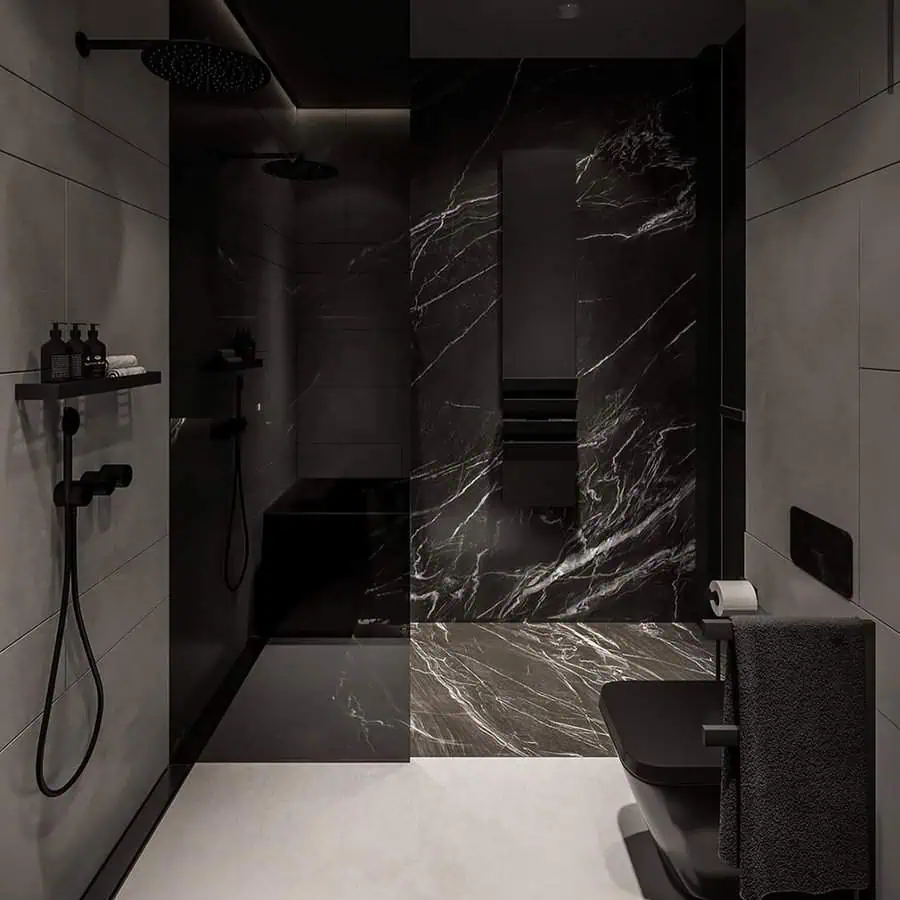 Modern black bathroom with matte fixtures, marble accents, and a sleek rainfall shower.