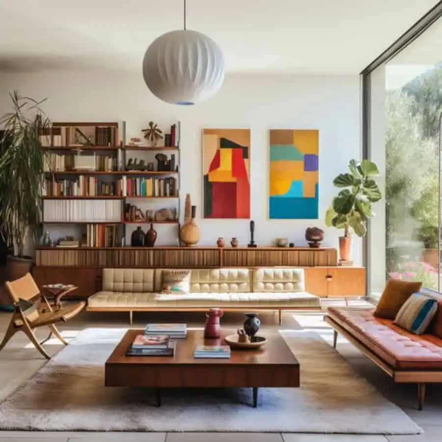 Mid-century modern living room with retro bookshelves, vibrant artwork, and warm wood tones.