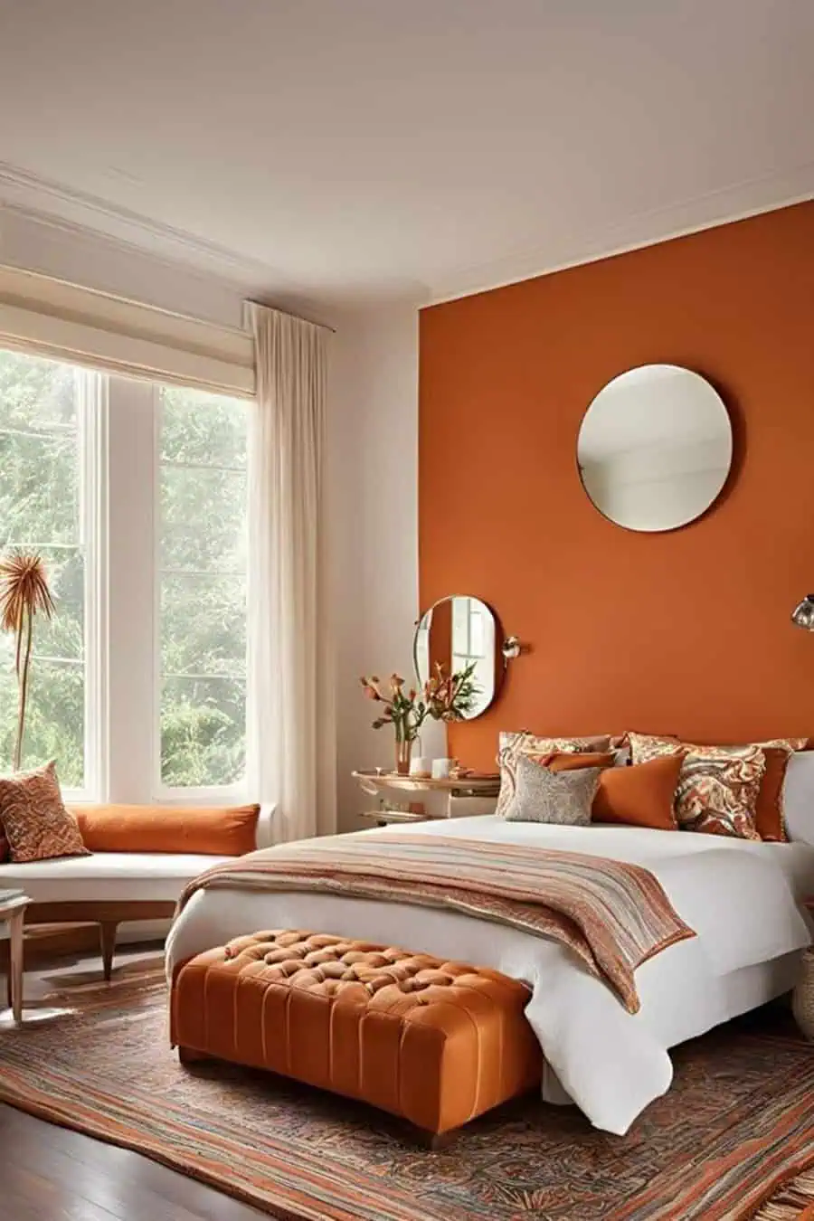 Minimalist bedroom with a burnt orange accent wall, cozy bedding, and warm-toned decor.