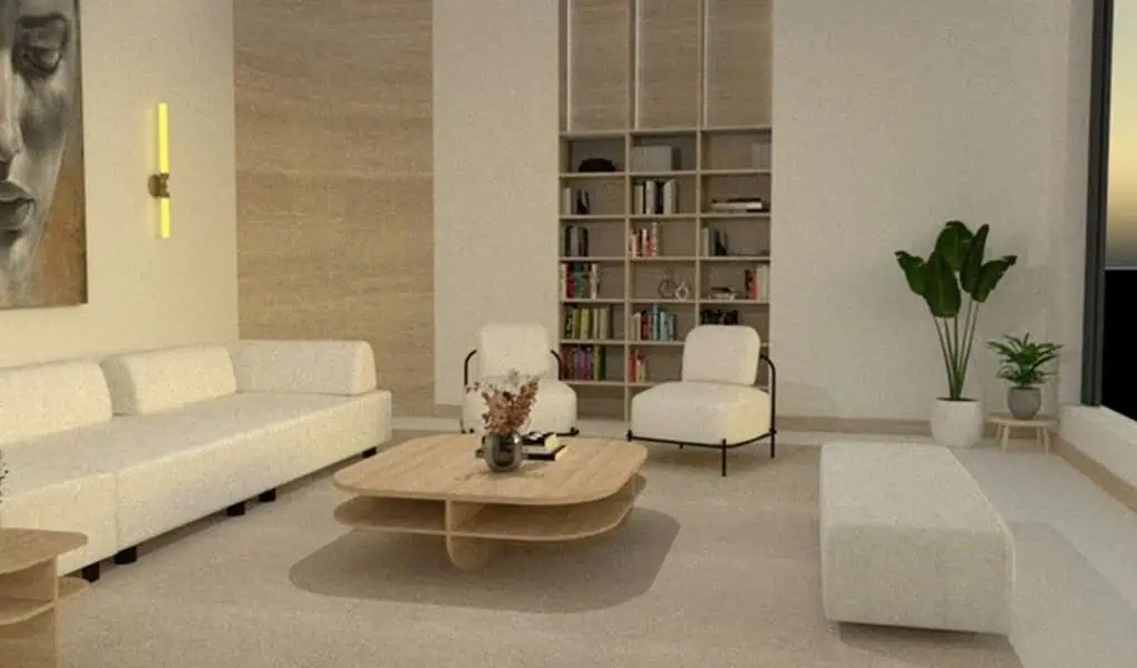 Minimalist living room with a built-in bookshelf, neutral furniture, and modern decor.