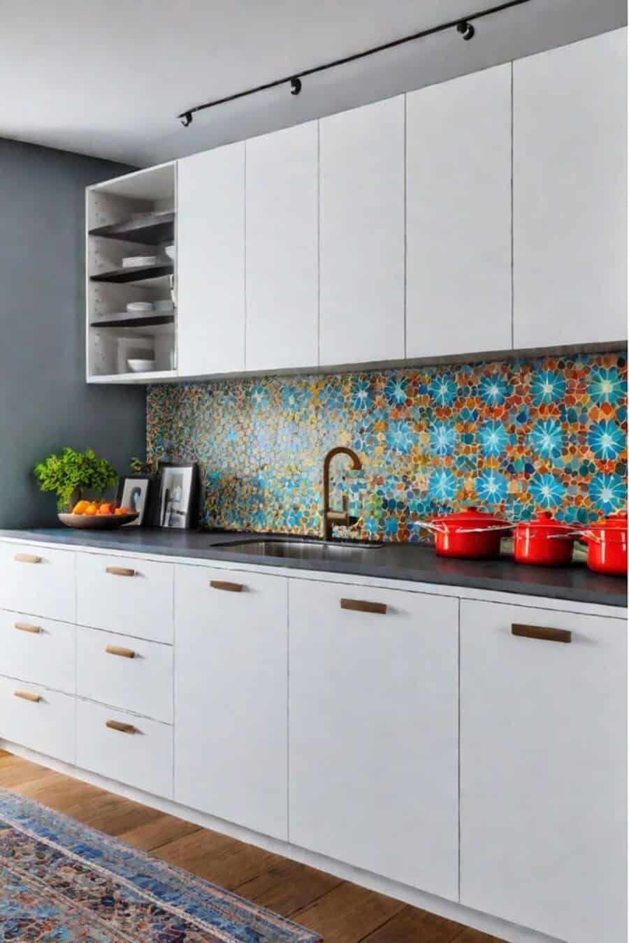 Vibrant mosaic backsplash with bold patterns adds contrast to sleek white cabinets for a striking look.







