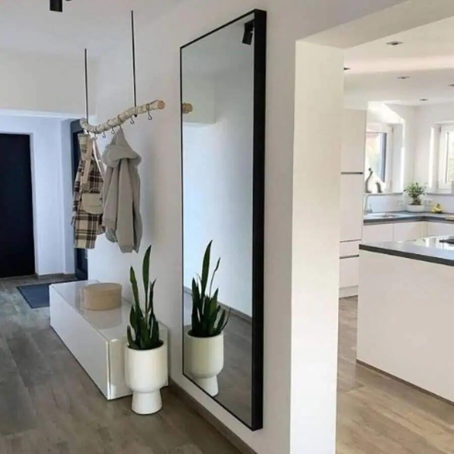 Narrow black-framed mirror reflecting a modern hallway with a minimalist coat rack and plants.