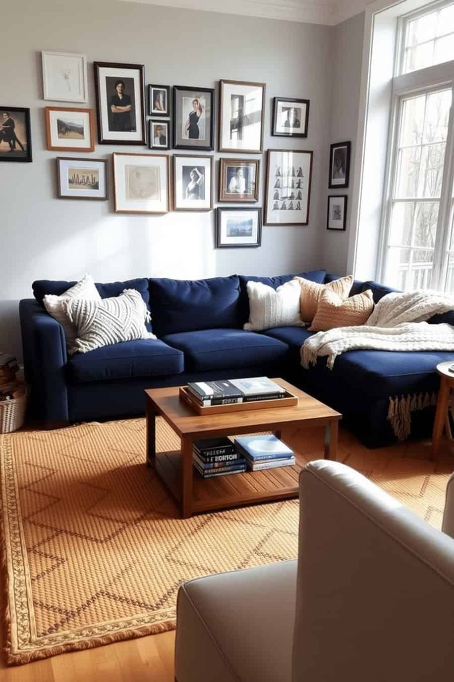Navy blue living room with a cozy sectional, warm wood accents, and a stylish gallery wall.