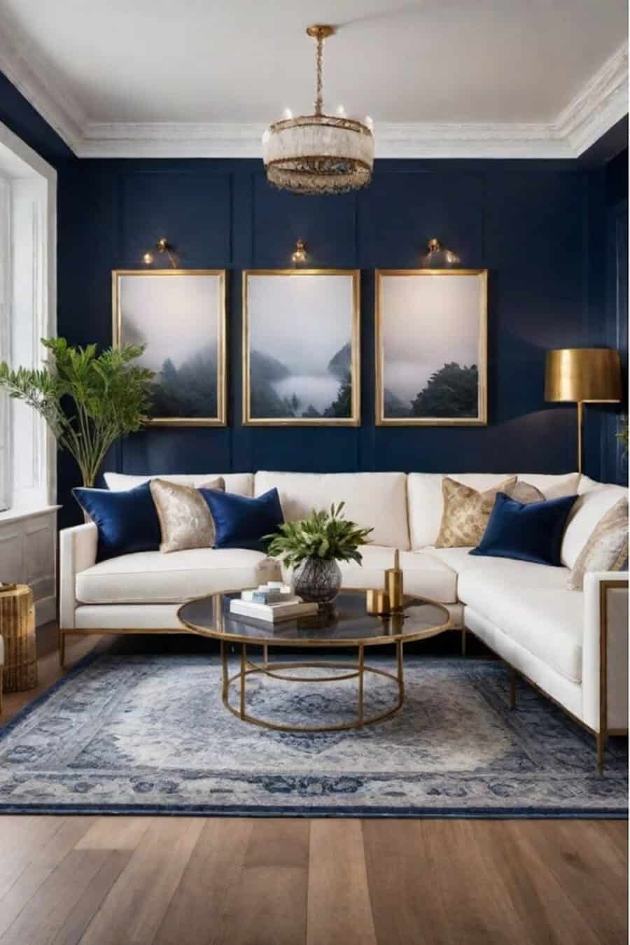 Elegant navy blue living room with gold accents, white sectional sofa, and framed landscape art.