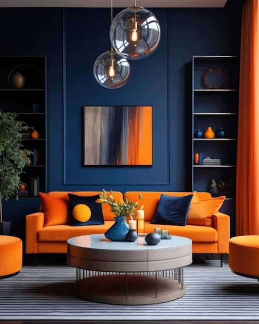 Navy blue living room with bold orange furniture, modern lighting, and abstract wall art.