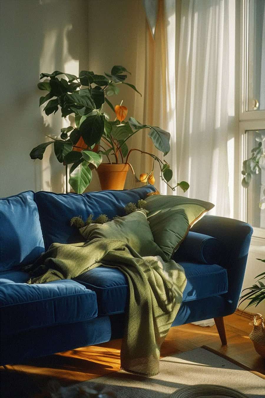 Navy blue living room with a cozy velvet sofa, green accents, and lush indoor plants.