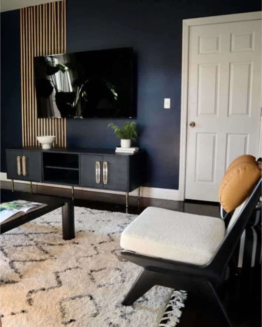 Navy blue living room with a sleek black TV console, wood slat accent, and modern neutral seating.