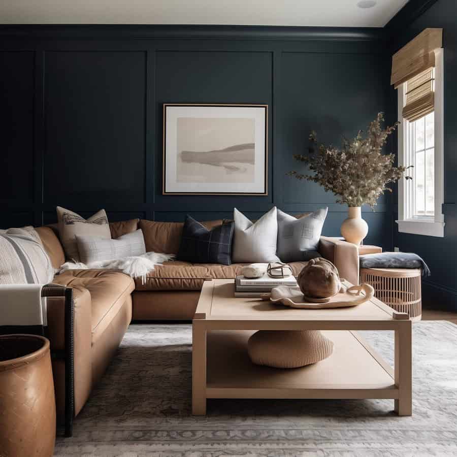 Navy blue living room with a warm tan sectional, neutral decor, and soft natural textures.
