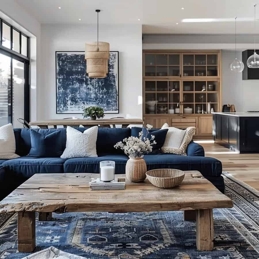 Navy blue living room with a cozy sectional, rustic wood table, and farmhouse-inspired decor.