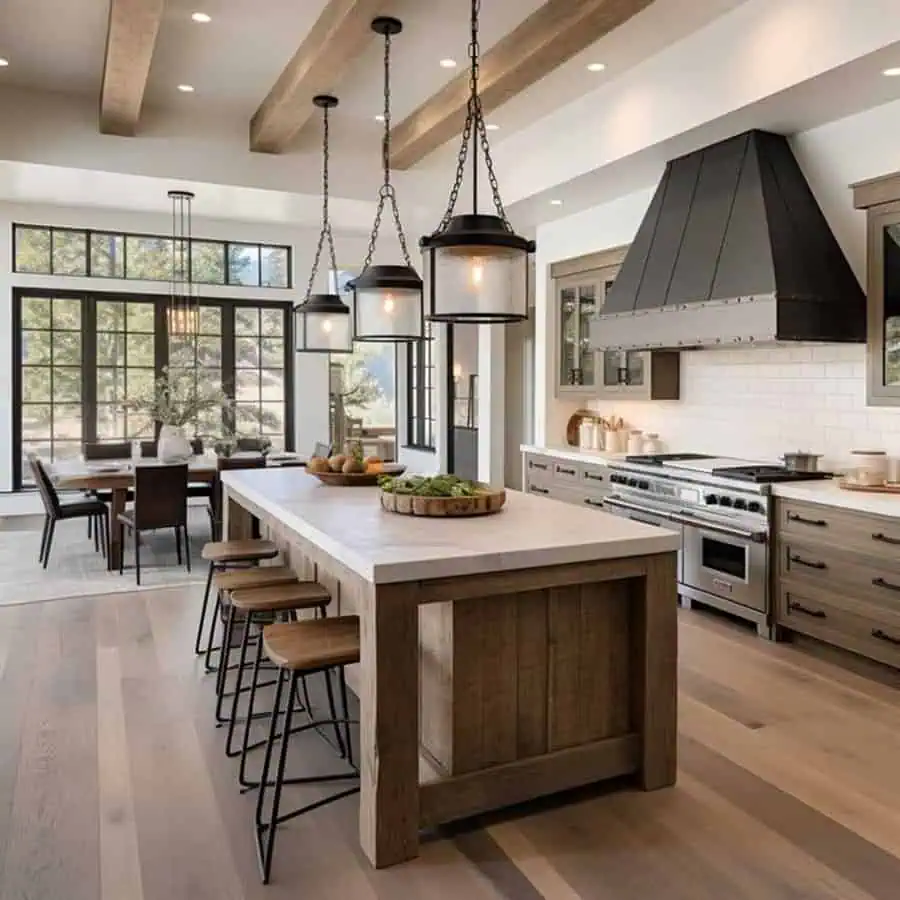 Rustic farmhouse kitchen with a large wood island, black pendant lights, and open dining space.