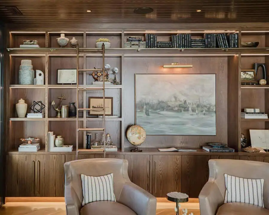 Modern living room with open wooden shelving, decorative accents, and a cozy seating area.