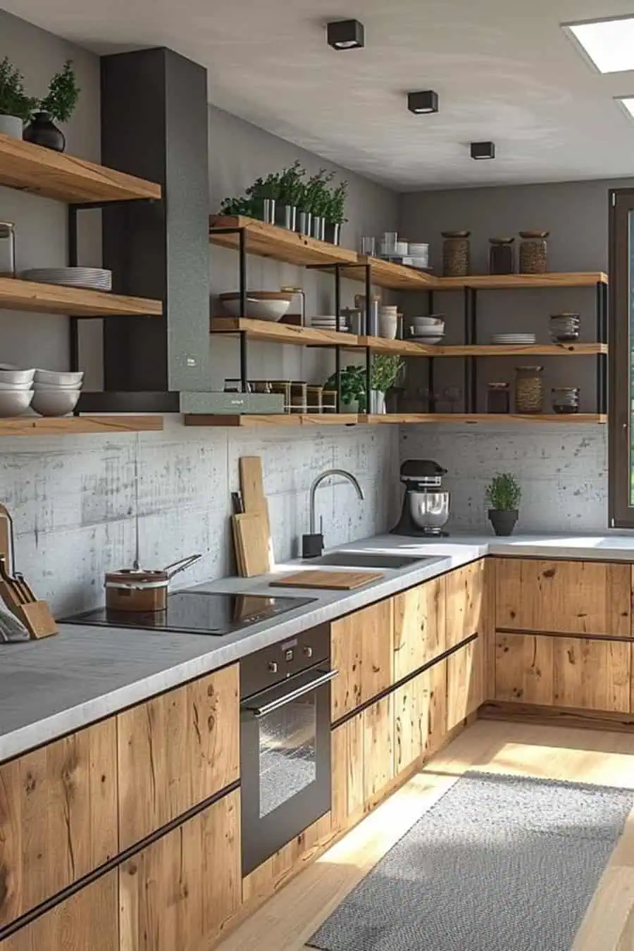 Simple kitchen design with rustic wood cabinets, concrete countertops, and open shelving for storage.