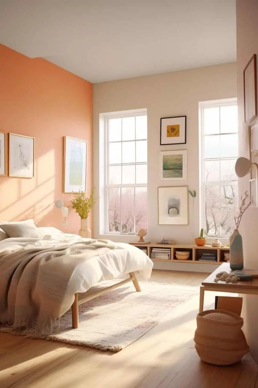 Pastel-toned bedroom with a soft orange accent wall, cozy bedding, and bright natural light.