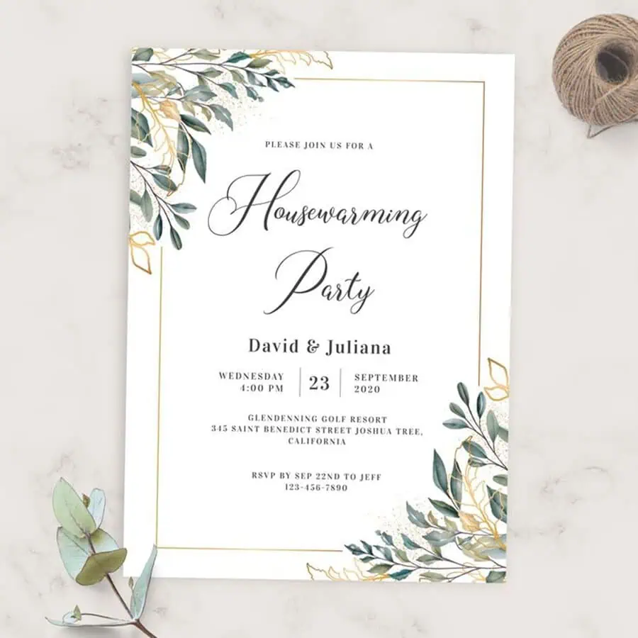 Personalized housewarming party invitation with elegant decor, floral centerpieces, and candlelit dining.