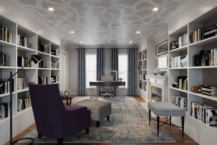 Sophisticated home library with built-in bookshelves, elegant seating, and a modern desk.