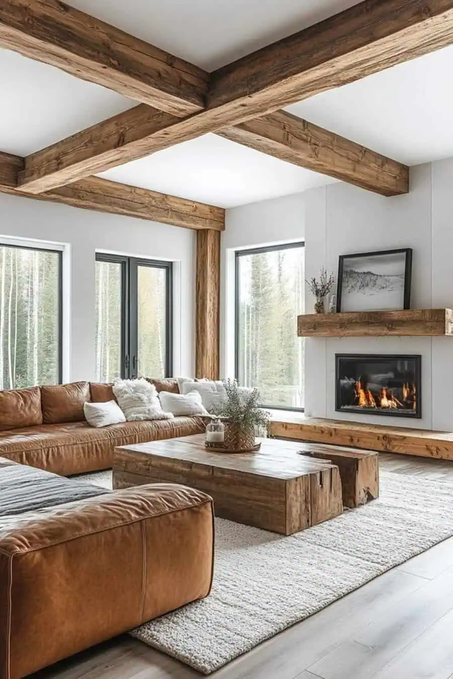 Rustic charm meets modern with mixed wood tones, exposed beams, a leather sofa, and a cozy fireplace.