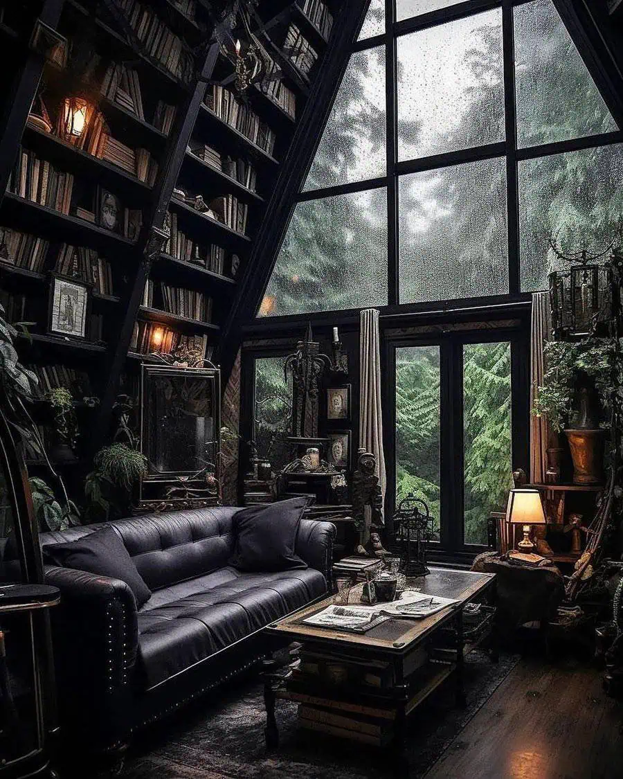 Dark academia-style living room with floor-to-ceiling bookshelves, gothic decor, and a large window.