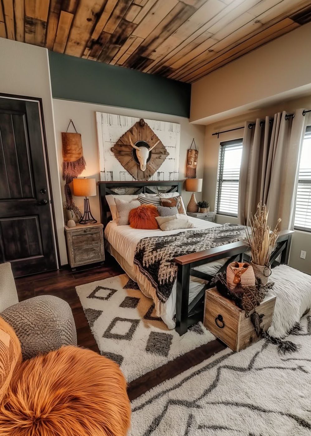 Rustic bedroom with orange accents, wood tones, cozy textiles, and southwestern-inspired decor.