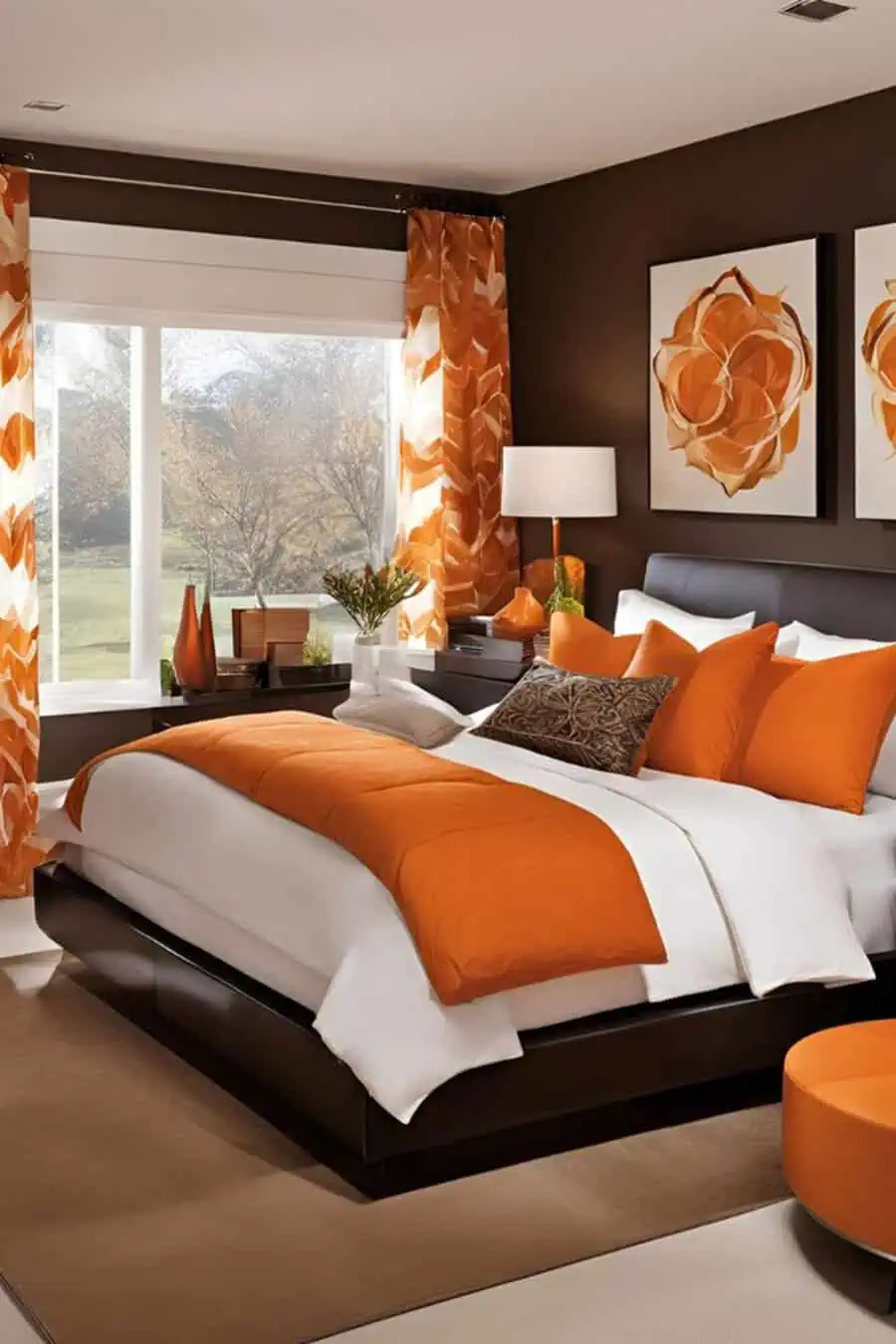 Scandinavian-style orange bedroom with minimalist furniture, warm textures, soft lighting, and natural decor.