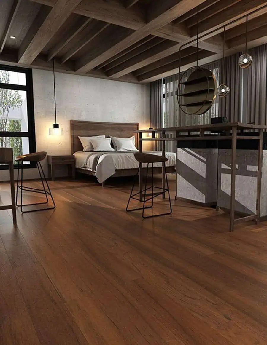 Seamless blend of flooring and furniture with mixed wood tones, industrial accents, and warm textures.