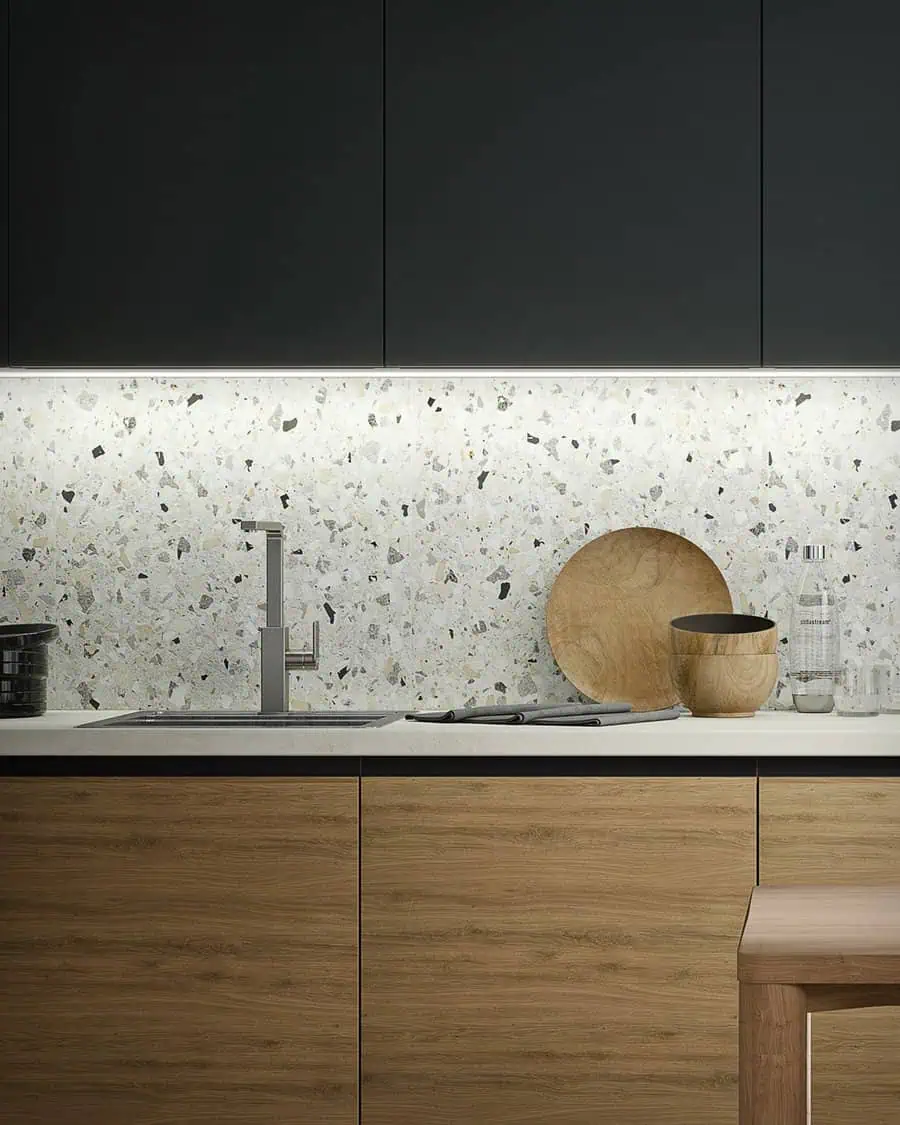 Simple kitchen design blending natural wood cabinets with modern finishes, open shelving, and sleek accents.