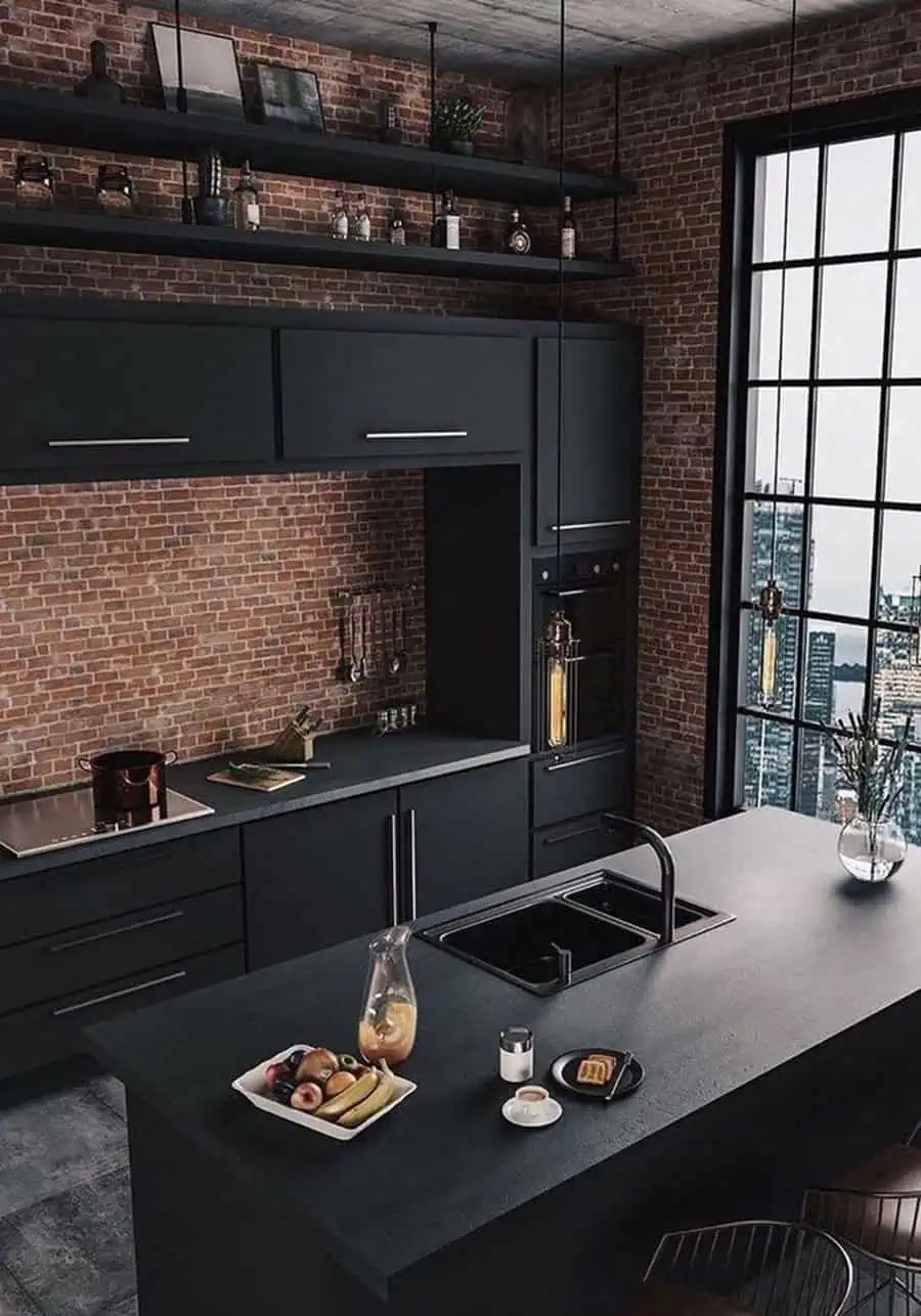 Simple kitchen design with matte black cabinetry, exposed brick walls, and industrial lighting for a contemporary look.