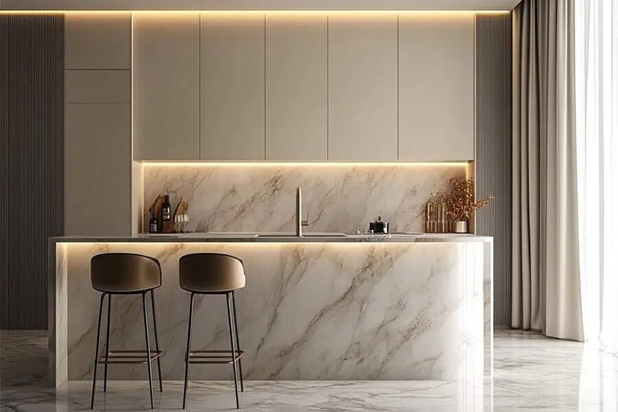 Simple kitchen design with marble-inspired surfaces, warm lighting, and sleek cabinetry for elegance.