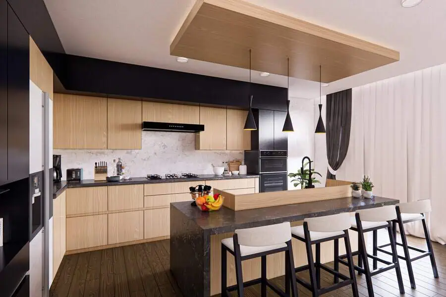 Simple kitchen design with wood cabinets, black accents, and a sleek multi-functional island.