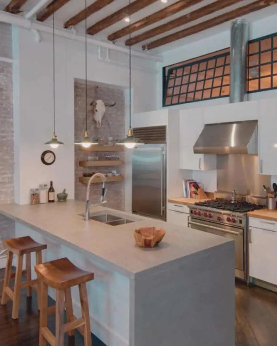 Simple kitchen design with rustic touches, exposed wooden beams, open shelves, and industrial accents.