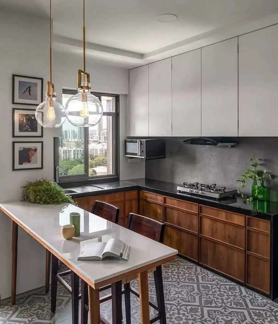 Simple kitchen with rustic wooden beams, warm wood cabinets, and modern accents.