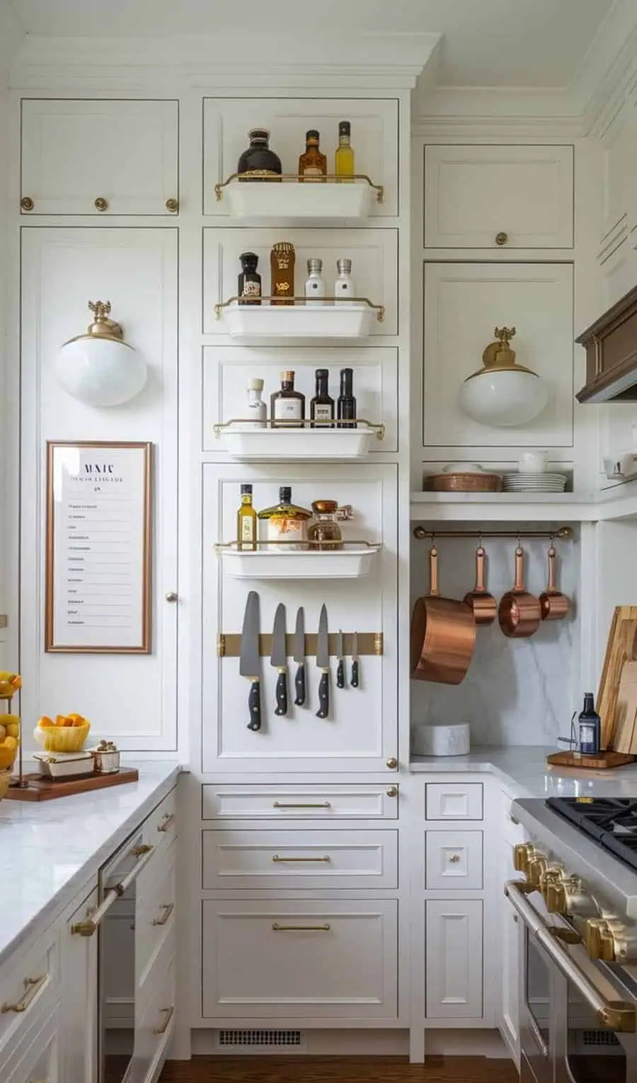 Simple kitchen design with white cabinetry, gold accents, and smart storage solutions for organization.