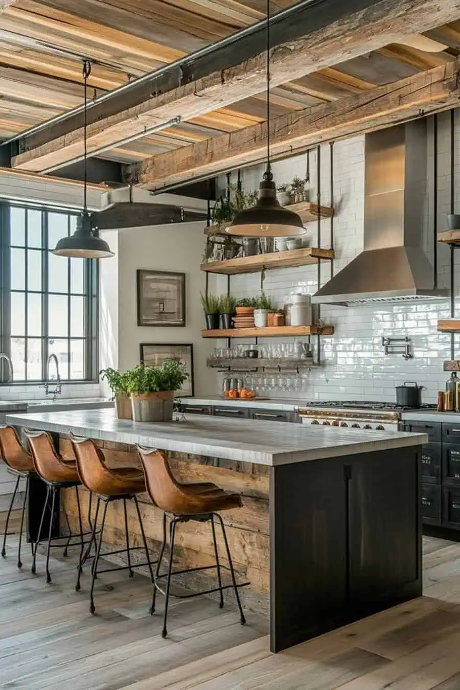 Simple kitchen with rustic wooden beams, open shelving, industrial lighting, and a modern island.