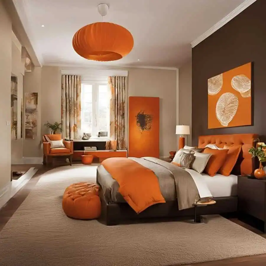 Sophisticated orange bedroom with dark accent walls, warm lighting, plush textiles, and elegant decor.