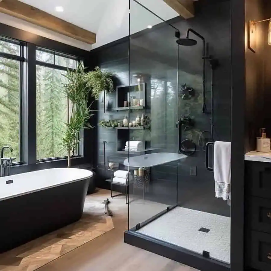 Modern black bathroom with a freestanding tub, glass shower, and built-in storage shelves.