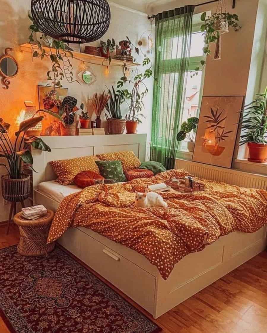 Tropical orange bedroom with lush greenery, warm lighting, natural textures, and cozy boho decor.