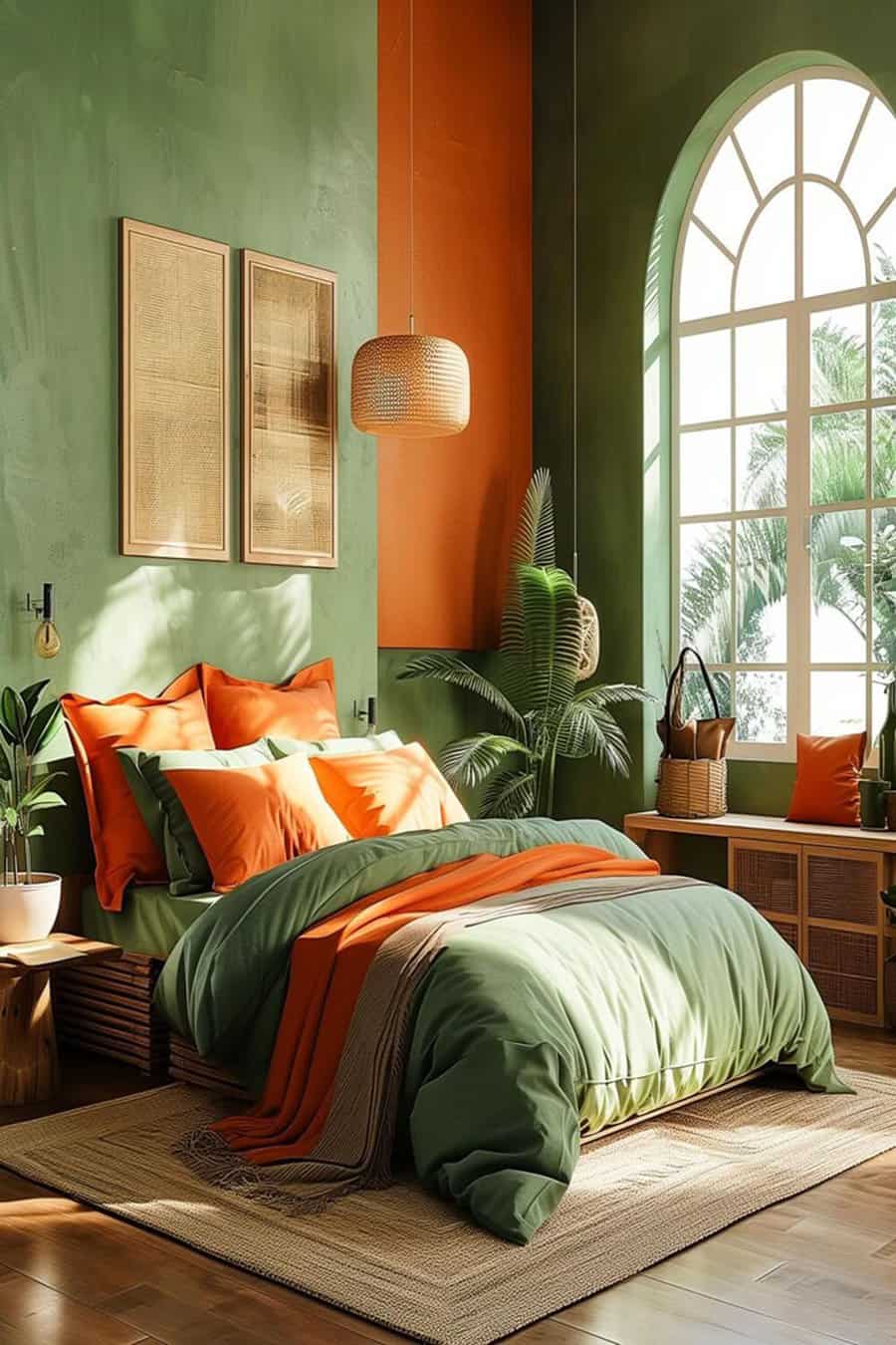 Tropical-themed orange bedroom with lush green accents, natural textures, and bright airy decor.